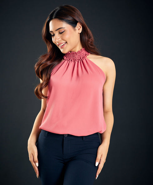 Sleeveless Halter Neck Pink Top